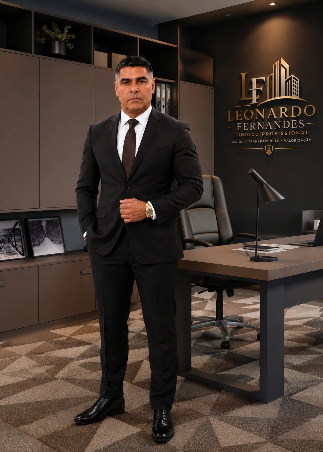 Leonardo Fernandes em seu escritório, com a marca Leonardo Fernandes Síndico Profissional ao fundo